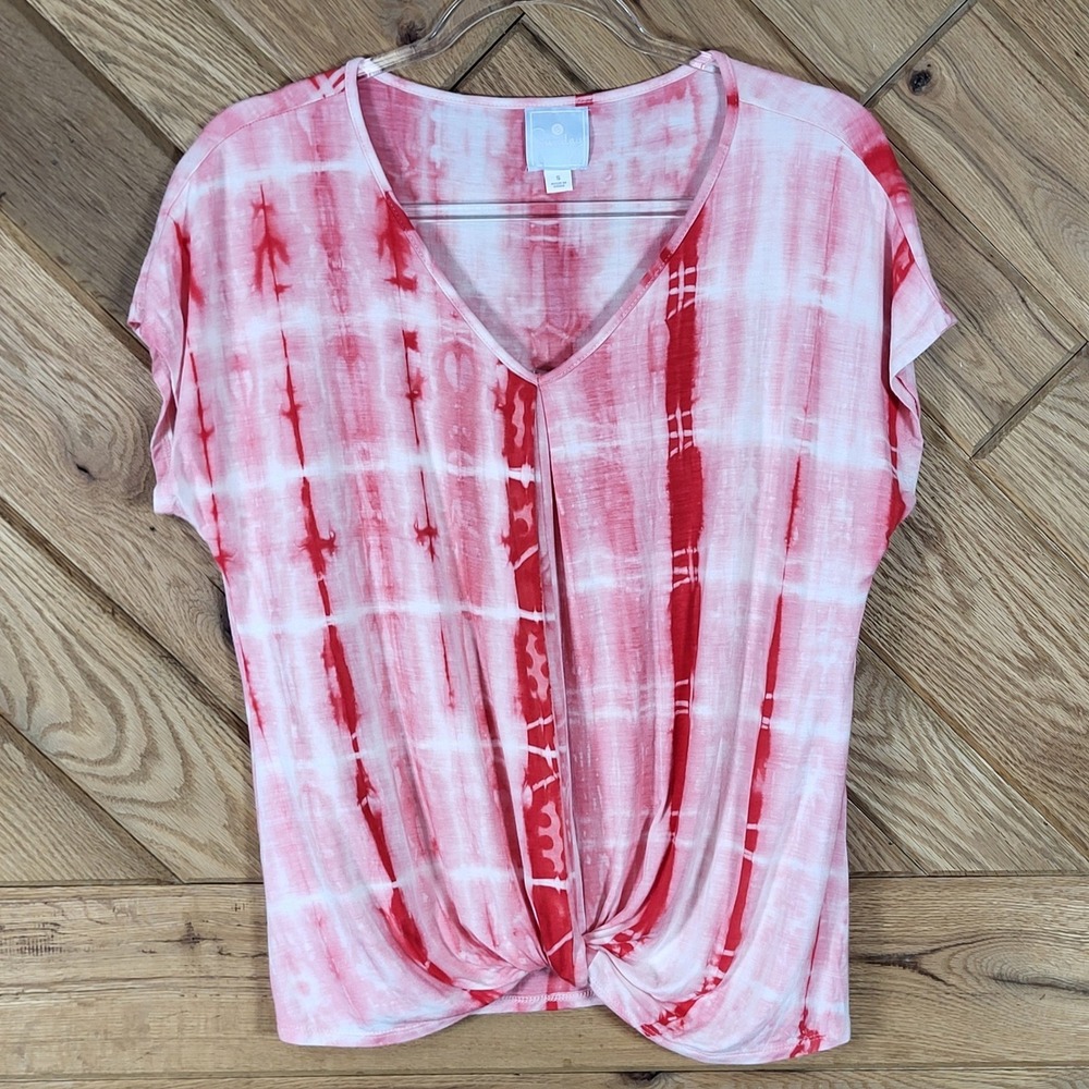 Sunday Tie Dye Top Women Small Twist Front V-Neck Short Sleeve Red Pink
